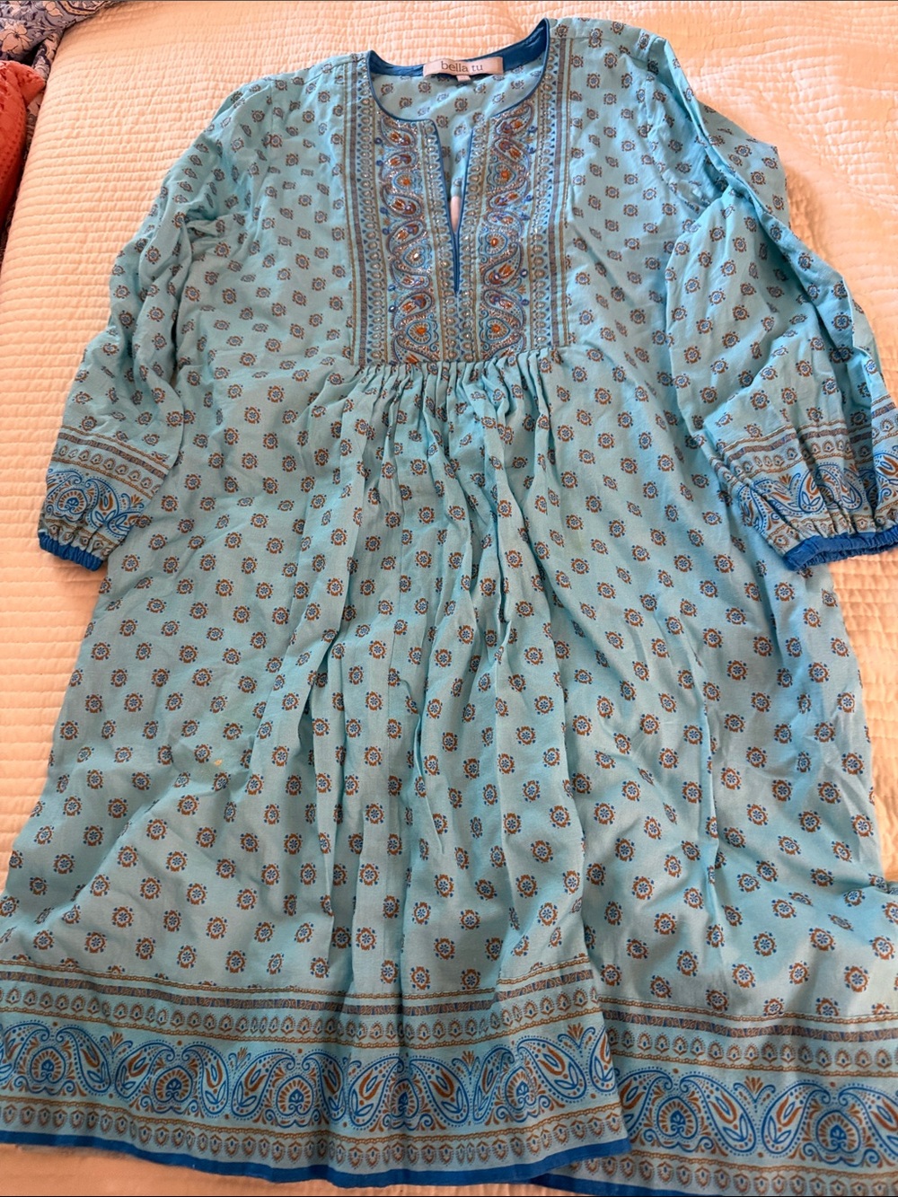 Bella Tunic Dress - Sky Blue Paisley Embroidered Yoke